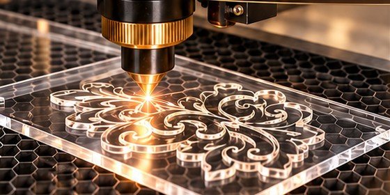 Illustration of laser cutting a decorative acrylic design